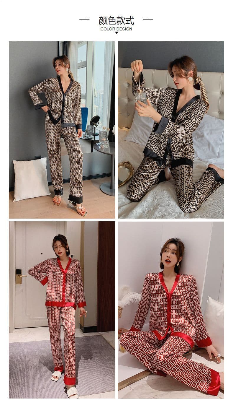 SHAPE Women’s Long Sleeve V-Neck Ice Silk Night Dress Pajamas Set