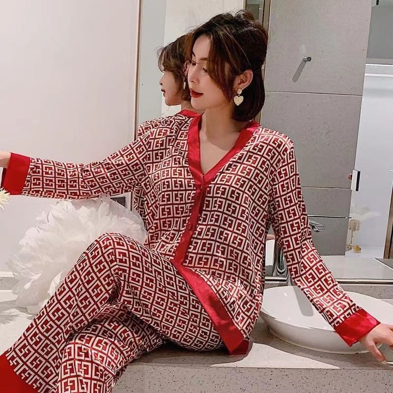 SHAPE Women’s Long Sleeve V-Neck Ice Silk Night Dress Pajamas Set